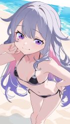 1girl :3 absurdres beach bikini black_bikini breasts closed_mouth colored_inner_hair commentary day english_commentary fei_ciyu grey_hair highres hololive hololive_english jewel_under_eye koseki_bijou loli long_hair looking_at_viewer multicolored_hair navel ocean outdoors pink_hair purple_eyes purple_hair sand small_breasts solo swimsuit virtual_youtuber