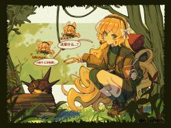1girl absurdres animal_ears backpack bag bandaid brown_jacket chibi chibi_inset chinese_text dajie_de_erji_xian food food_in_mouth freckles grass green_eyes green_socks hairband highres holding holding_magnifying_glass holding_notebook ishmael_(project_moon) jacket limbus_company long_hair magnifying_glass multiple_views notebook orange_hair outdoors plant pocky pocky_in_mouth project_moon ribbed_socks socks sweater translation_request very_long_hair