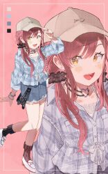 1girl 965ma_mogumogu :d absurdres adjusting_clothes adjusting_headwear baseball_cap belt black_belt black_socks blue_skirt border braid brown_hair choker collarbone color_guide commentary crown_braid denim denim_skirt dorsiflexion_(wrist) dot_nose dress_shirt ear_piercing eyelashes frilled_hair_tie full_body hat heart heart_choker highres idolmaster idolmaster_shiny_colors lace_shirt light_blush long_hair looking_at_viewer official_alternate_costume open_mouth osaki_amana piercing plaid_clothes plaid_shirt polka_dot red_hair shirt shoes skirt sleeves_rolled_up smile socks solo standing standing_on_one_leg swept_bangs teeth upper_body white_shoes wristband yellow_eyes yellow_nails zoom_layer