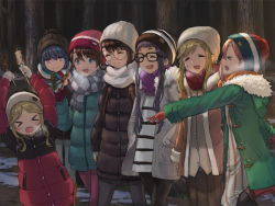 &gt;_&lt; 6+girls :d black_hair blonde_hair blue_eyes blue_hair blush_stickers breath brown_hair dango eating closed_eyes fang fingerless_gloves food forest fur_trim glasses gloves hat holding inuyama_akari inuyama_aoi iwauchi_tomoki jacket kagamihara_nadeshiko multiple_girls nature oogaki_chiaki open_mouth outdoors pink_hair purple_eyes purple_hair rectangular_eyewear round_eyewear saitou_ena scarf shima_rin skin_fang smile sweatdrop thick_eyebrows toba_minami wagashi winter_clothes yurucamp