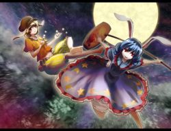 2girls ambiguous_red_liquid animal_ears barefoot blonde_hair blood blood_stain bloomers blue_hair crescent dango dress eating flat_cap floppy_ears food full_moon hat jio_(nayutarooo) kine legacy_of_lunatic_kingdom letterboxed mallet midriff moon multiple_girls navel night orange_shirt outdoors rabbit_ears red_eyes ringo_(touhou) seiran_(touhou) shirt short_hair short_sleeves shorts skewer skirt smile stain star_(symbol) touhou underwear wagashi weapon