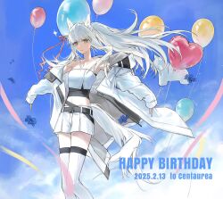 1girl animal_balloon animal_ears arknights balloon belt black_belt black_tube_top blue_sky brown_eyes coat collarbone crop_top dated happy_birthday hatsumi0515 heart_balloon highres horse_ears horse_girl horse_tail long_hair looking_at_viewer off-shoulder_coat off_shoulder platinum_(arknights) ponytail shorts sky solo strapless tail thighhighs tube_top very_long_hair white_coat white_hair white_shorts white_thighhighs white_tube_top zettai_ryouiki