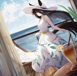 1girl absurdres alternate_costume animal_ears black_hair cloud cloudy_sky cocktail curtains day dutch_angle ears_through_headwear hair_over_one_eye hat highres horse_ears horse_girl horse_tail long_hair manhattan_cafe_(umamusume) siena_(moratoriummaga) sky sleeveless solo standing sun_hat tail umamusume