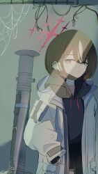 1girl bandages barbell_piercing black_hair blue_archive brown_eyes brown_hair coat commentary denim ear_piercing fim-92_stinger halo highres hood hoodie industrial_piercing jeans lavoisi_e light_rays long_sleeves mask misaki_(blue_archive) mouth_mask pants piercing plant red_halo rocket_launcher short_hair silk solo spider_web symbol-only_commentary torn_clothes torn_jeans torn_pants vines weapon white_coat