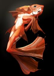 1girl arms_behind_back black_background breasts commentary_request completely_nude fins fish_girl full_body gills highres long_hair looking_at_viewer momomo_906 monster_girl nude orange_hair original scales simple_background small_breasts solo