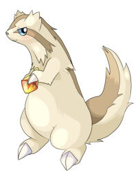 Rule 34 | &gt;:), berry, blue eyes, choko (sweetpocket), claws, commentary request, creature, creature focus, food, full body, gen 3 pokemon, holding, holding food, linoone, looking to the side, lowres, nintendo, no humans, pokemon, pokemon (creature), rearing, simple background, solo, v-shaped eyebrows, white background