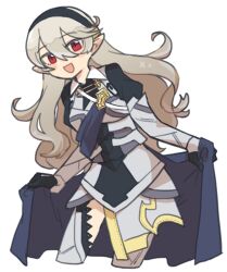 1girl :d absurdres black_hairband blush cape cape_hold female_corrin_(fire_emblem) cowboy_shot fire_emblem fire_emblem_fates grey_hair hair_between_eyes hairband highres kita_senju long_hair looking_at_viewer nintendo open_mouth pointy_ears red_eyes smile solo white_background