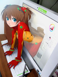 00s 1girl :o arm_support ass blue_eyes bodysuit box brown_hair cardboard_box computer computer_keyboard female_focus hattori_masaki highres mecha_pilot_suit monitor neon_genesis_evangelion painttool_sai plugsuit_(evangelion) rebuild_of_evangelion solo sony souryuu_asuka_langley stylus test_plugsuit_(evangelion) through_medium through_screen
