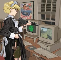 1girl apron black_dress blonde_hair book bookshelf closed_mouth clothes_lift computer computer_keyboard computer_mouse computer_tower counter-strike counter-strike_(series) crt dress dress_lift gun highres holding holding_gun holding_weapon holster indoors irene_sanders iwakura_lain looking_at_viewer looking_back maid maid_apron maid_headdress mousepad_(object) portrait_(object) short_hair solo suna_no_bara suppressor table thigh_holster wani_(perfect_han) weapon window window_blinds