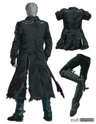 Rule 34 | 1boy, absurdres, artist name, black coat, black gloves, black pants, black shoes, buckle, coat, devil may cry (series), devil may cry 5, facing away, fingerless gloves, full body, gaiters, gloves, grey hair, hair slicked back, highres, long coat, male focus, multiple views, noah (rokoroko), pants, shoes, short hair, silver trim, solo, twitter username, vergil (devil may cry), white background