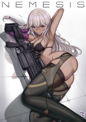 1girl absurdres anti-materiel_rifle armpits arms_behind_head arms_up artist_name ass bolt_action breasts caiman_pool cleavage closed_mouth dark-skinned_female dark_skin girls&#039;_frontline girls&#039;_frontline_2:_exilium grey_hair gun hair_between_eyes highres long_hair looking_at_viewer medium_breasts nemesis_(girls&#039;_frontline_2) ponytail purple_eyes rifle sig_san_511 sig_sauer sniper_rifle solo thighhighs weapon