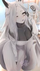 1girl :p absurdres animal_ears artist_logo between_legs bodystocking breasts cheriyfu cleavage covered_collarbone dress dyarikku_(vtuber) eyelashes facial_mark fox_ears fox_girl fox_tail grey_eyes hand_between_legs hand_in_own_hair heart highres indie_virtual_youtuber large_breasts logo long_hair one_eye_closed see-through_cleavage see-through_clothes signature tail tongue tongue_out virtual_youtuber white_dress x x_facial_mark