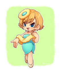 1girl animification blue_dress blue_eyes blush brown_hair chibi chibi_only clarice_(disney) disney dress feather_boa full_body humanization kiri_futoshi long_eyelashes looking_at_viewer mickey_mouse_&amp;_friends open_mouth short_hair solo standing twitter_username