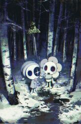 2boys astro_(dandy&#039;s_world) birch_tree black_eyes candy chibi chibi_only dandy&#039;s_world dandy_(dandy&#039;s_world) english_text fialentul food forest highres horror_(theme) lollipop looking_at_viewer multiple_boys nature pov roblox scenery sign tree warning_sign