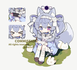 blue_eyes blue_hair bow chibi dress hair_bow highres multicolored_eyes original pink_eyes twintails watermark weibo_7719572585 white_bow