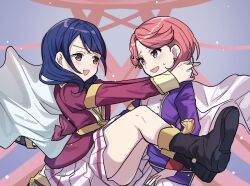 2girls :3 :d belt belt_buckle black_boots blue_hair blush boots brown_eyes buckle commentary earrings eye_contact floating floating_cape gradient_background grey_background hanayagi_kaoruko hands_up highres isurugi_futaba jacket jewelry knees_up light_particles long_sleeves looking_at_another maruiusausagi medium_hair miniskirt multicolored_jacket multiple_girls nervous_smile open_mouth outstretched_arms parted_bangs pink_hair pink_jacket pleated_skirt purple_eyes purple_jacket red_ribbon ribbon shoe_soles short_hair shoujo_kageki_revue_starlight single_stripe skirt smile striped_clothes striped_skirt stud_earrings sweatdrop two-tone_jacket waist_cape white_jacket white_skirt yellow_belt yuri