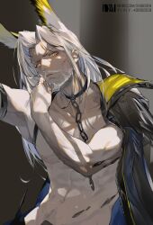 Rule 34 | 1boy, abs, animal collar, animal ears, arknights, beard, chain, collar, dm (dai miao), facial hair, glowing, glowing eyes, groin, hand on own cheek, hand on own face, head wings, hellagur (arknights), highres, jacket, jacket on shoulders, long hair, looking at viewer, male focus, mature male, mustache, navel, nipples, shade, solo, white hair, wings, yellow eyes
