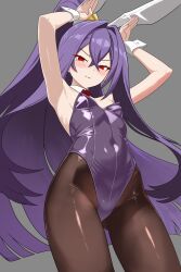 1girl animal_ear_hairband animal_ears armpits black_pantyhose blazblue bow bowtie breasts covered_navel detached_collar fake_animal_ears grey_background hair_between_eyes hairband highleg highleg_leotard highres leotard long_hair mikado_(blazblue) nerumichi pantyhose playboy_bunny ponytail purple_hair purple_leotard rabbit_ears rabbit_pose red_bow red_bowtie red_eyes simple_background small_breasts solo strapless strapless_leotard wrist_cuffs