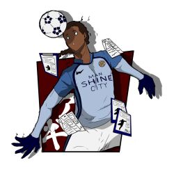 Rule 34 | 1boy, agi (blue lock), ball, blue gloves, blue lock, blue shirt, blue sleeves, braid, braided ponytail, brown hair, dark-skinned male, dark skin, gloves, highres, jumping, shirt, shorts, simple background, soccer ball, soccer uniform, solo, sportswear, white background, white shorts, yayuyo blue