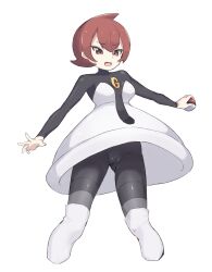 1girl black_bodysuit bodysuit bodysuit_under_clothes brown_hair cameltoe commentary_request cowlick dress highres holding holding_poke_ball logo looking_down mars_(pokemon) nintendo open_mouth poke_ball poke_ball_(basic) pokemon pokemon_dppt r_(user_pzzt2437) short_dress short_hair simple_background solo strapless strapless_dress team_galactic team_galactic_uniform white_background white_dress