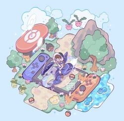 1boy artist_name azurill backpack bag black_socks blush brown_bag brown_footwear brown_hair commentary creatures_(company) fidough florian_(pokemon) flower game_freak gen_2_pokemon gen_3_pokemon gimmighoul gimmighoul_(roaming) grass hat holding hoppip leaphere lechonk male_focus miraidon necktie nintendo nintendo_switch path pawmi poke_ball poke_ball_(basic) poke_ball_print pokemon pokemon_(creature) pokemon_sv purple_necktie purple_shorts riding riding_pokemon road shirt shoes short_hair shorts sitting smile smoliv socks star_(symbol) tree water