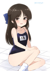 1girl absurdres blush brown_eyes collarbone embarrassed highres idolmaster idolmaster_cinderella_girls long_hair name_tag on_floor one-piece_swimsuit open_mouth roccamoya school_swimsuit sitting solo swimsuit tachibana_arisu tile_floor tiles