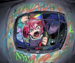 1boy 1girl absurdres amate_yuzuriha aqua_eyes barred_window bit_gag challia_bull commentary_request crazy_eyes facial_hair fisheye gag gagged gloves graffiti grey_hair gundam gundam_gquuuuuux highres kureno3 mustache red_hair ringed_eyes short_hair uneven_eyes white_gloves