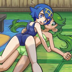 Rule 34 | 2girls, ass, bandeau, bikini, blue eyes, blue hair, bright pupils, cameltoe, commentary request, cushion, flying sweatdrops, green bikini, green eyes, green hair, hairband, highres, indoors, lana (pokemon), light blush, long hair, looking back, lying, mallow (pokemon), multiple girls, nintendo, on back, on person, one-piece swimsuit, open mouth, pokemon, pokemon (anime), pokemon sm (anime), short hair, shoulder blades, skin tight, sweatdrop, swept bangs, swimsuit, takamame, tatami, tongue, twintails, white pupils, yellow hairband