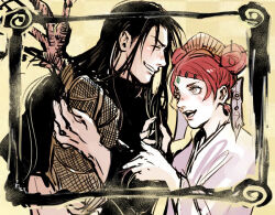1boy 1girl closed_eyes couple double_bun grin hair_bun harakara12 hetero long_hair looking_at_another naruto_(series) naruto_shippuuden red_hair senju_hashirama smile uzumaki_mito
