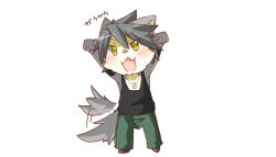 1boy animal_ears black_tank_top blush chibi chibi_only commentary_request dog_boy dog_ears dog_nose dog_tags dog_tail fang fermata_alt furry furry_male green_pants grey_fur grey_hair jewelry kouya_aotsuki looking_at_viewer male_focus morenatsu necklace open_mouth pants smile tail tail_wagging tank_top translated white_background
