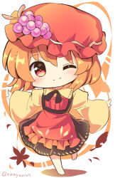 Rule 34 | 1girl, ;), aki minoriko, apron, barefoot, black dress, black ribbon, chibi, chibi only, closed mouth, collared shirt, dress, food-themed hair ornament, frilled shirt collar, frills, full body, grape hair ornament, hair ornament, hat, highres, leaf, long sleeves, looking at viewer, maple leaf, mob cap, neck ribbon, one eye closed, orange apron, orange hair, orange hat, outstretched arms, pinafore dress, ramudia (lamyun), red eyes, ribbon, shirt, short hair, simple background, sleeveless, sleeveless dress, smile, solo, spread arms, standing, standing on one leg, touhou, twitter username, white background, wide sleeves, yellow shirt