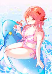 Rule 34 | 1girl, :d, absurdres, bare arms, bare shoulders, bikini, bow, bow bikini, breasts, cup, diagonal-striped bikini, diagonal-striped clothes, disposable cup, drinking straw, feet out of frame, from above, gabriel dropout, hair bow, highres, holding, holding cup, inflatable dolphin, inflatable toy, long hair, looking at viewer, medium breasts, open mouth, pink bikini, red bow, red eyes, red hair, satanichia kurumizawa mcdowell, side-tie bikini bottom, side ponytail, sitting, smile, soaking feet, solo, stomach, striped clothes, swimsuit, water, yangwu uriel
