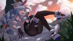 1girl absurdres against_tree animal_ear_fluff animal_ears ankle_garter black_gloves black_leotard black_pantyhose blue_hair braid breasts carrot_hair_ornament check_commentary coat commentary_request creature creature_on_head cutout_above_navel detached_sleeves don-chan_(usada_pekora) food-themed_hair_ornament frilled_thigh_strap fur-trimmed_gloves fur_scarf fur_trim gloves hair_between_eyes hair_ornament highres hikimayu hololive leotard long_hair lying mary_janes medium_breasts multicolored_hair on_back open_mouth orange_eyes pantyhose pekomon_(usada_pekora) playboy_bunny puffy_short_sleeves puffy_sleeves rabbit rabbit_ears rabbit_girl scarf shoes short_eyebrows short_sleeves solo strapless strapless_leotard sunset sweat sweatdrop swept_bangs thick_eyebrows thigh_strap toga_(toganawa) tree twin_braids twintails two-tone_hair unworn_coat usada_pekora usada_pekora_(1st_costume) virtual_youtuber white_hair white_scarf white_shoes white_sleeves