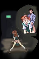 1boy 1girl age_difference amondetauro anus ass blue_shirt clenched_teeth doggystyle grabbing_another&#039;s_ass grabbing_another&#039;s_hair green_skirt green_vest groping hetero highres interface_headset_(evangelion) invisible_penis kaji_ryouji long_hair mature_male neon_genesis_evangelion open_mouth orange_hair pussy school_uniform sex sex_from_behind shirt skirt smile souryuu_asuka_langley teeth tokyo-3_middle_school_uniform uncensored vaginal vest white_shirt