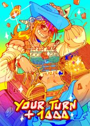 Rule 34 | alternate costume, arm up, bandana, bare shoulders, blue hat, blue skirt, bracelet, coin, crop top, cropped shirt, ear piercing, fake trading card, fingernails, frilled shirt, frilled sleeves, frills, glint, gold coin, gold necklace, grin, hand on headwear, hand on own head, hat, heneryque, highres, jewelry, long fingernails, long sleeves, looking at viewer, midriff, miniskirt, nail polish, nami (one piece), navel, necklace, off-shoulder shirt, off shoulder, one piece, orange nails, outline, piercing, pirate, pirate hat, puffy long sleeves, puffy sleeves, second-party source, shirt, skirt, smile, sparkle, striped bandana, treasure, treasure chest, yellow outline