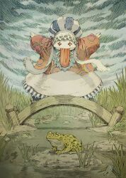 1other absurdres animal arms_up bow bridge chef_hat cloud cloudy_sky dress final_fantasy final_fantasy_ix frilled_dress frilled_hat frills frog gloves grass hat highres jumping outdoors partially_submerged patterned_clothing quina_quen rock shinichi_kobe sky solo standing striped_clothes striped_headwear tongue tongue_out wooden_bridge