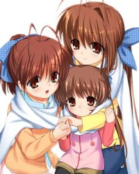 Rule 34 | 3girls, antenna hair, blue ribbon, brown eyes, brown hair, clannad, furukawa nagisa, furukawa sanae, grandmother and granddaughter, hair ribbon, holding hands, long hair, mother and daughter, multiple girls, okazaki ushio, otou (otou san), ponytail, ribbon, scarf, shared clothes, shared scarf, short hair, simple background, smile, white background, white scarf