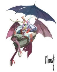 1girl breasts digimon digimon_(creature) flying glowing glowing_eyes hat high_heels highres mephismon mephismon_x-antibody nimadj red_eyes sharp_teeth skull solo teeth umbrella wings