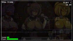 3girls animal_ears black_background black_bow black_bowtie black_panties black_skirt black_thighhighs blonde_hair bonnie_(fnaf) bow bowtie breasts brown_hair camera chica cleavage clock closed_eyes colored_skin commentary crop_top dark elbow_gloves english_commentary english_text five_nights_at_freddy&#039;s five_nights_in_anime:_after_hours_(fangame) five_nights_in_anime_(fangame) freddy_fazbear frills furry furry_female game_screenshot gameplay_mechanics gloves hat highres holding holding_microphone huge_breasts large_breasts leotard mask microphone midriff mini_hat mini_top_hat mouth_mask multiple_girls navel non-web_source orange_pants panties pants pink_thong playboy_bunny ponytail purple_hair red_bow red_bowtie red_gloves red_leotard screencap shiny_skin short_hair short_shorts shorts simple_background skirt smile static strapless strapless_leotard thighhighs thong top_hat underwear unzipped video_game white_gloves