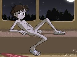 10s 1girl 2018 bad_anatomy blush blush_stickers breasts brown_eyes brown_hair collarbone dated full_moon highres kitsoone kusakabe_satsuki loli looking_at_viewer lying moon navel night night_sky nipples nude pussy sandals september short_hair sky small_breasts smile star_(sky) starry_sky studio_ghibli tonari_no_totoro tree white_sandals window