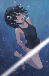 1girl air_bubble amagami asphyxiation ball_and_chain_restraint barefoot black_eyes black_hair black_one-piece_swimsuit blue_one-piece_swimsuit botan_m bound bound_wrists bubble collarbone commentary_request competition_swimsuit drowning egg_vibrator full_body highres light_censor nanasaki_ai one-piece_swimsuit open_mouth paid_reward_available pussy_juice restrained sex_toy short_hair sinking soles solo struggling submerged swimsuit tongue tongue_out two-tone_one-piece_swimsuit two-tone_swimsuit underwater vibrator vibrator_under_swimsuit water
