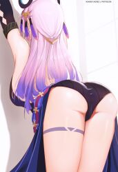 1girl arms_up ass ass_focus bare_shoulders bent_over black_leotard breasts citlali_(genshin_impact) cowboy_shot detached_sleeves from_behind genshin_impact gradient_hair hair_ornament highres kana_yukino leg_tattoo leotard long_hair medium_breasts multicolored_hair pink_hair solo standing tattoo thighs