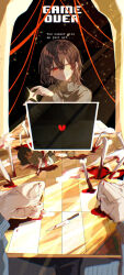 Rule 34 | 1boy, 2others, absurdres, ankle boots, blood, bloody knife, bob cut, bone, boots, bright pupils, broken heart, brown hair, chara (undertale), choco rabbitt, closed mouth, commentary, corpse, deformed, double-parted bangs, english commentary, english text, frisk (undertale), full body, genocide route (undertale), grey boots, grey shorts, grey sweater, hair between eyes, half-closed eyes, hands up, hashtag-only commentary, head tilt, heart, highres, kitchen knife, knife, long sleeves, looking at viewer, medium hair, multiple others, one eye closed, pov, puffy long sleeves, puffy sleeves, red eyes, sans (undertale), shorts, sidelighting, slit pupils, smile, sparkle, spoilers, sweater, tile floor, tiles, turtleneck, turtleneck sweater, undertale, upper body, white pupils