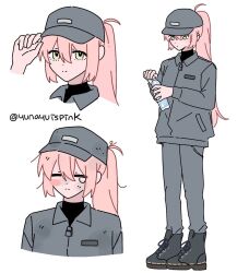 1girl artist_name blush bottle closed_eyes closed_mouth full_body highres holding jacket long_hair long_sleeves original pink_hair shirt simple_background smile solo twitter_username water_bottle white_background yellow_eyes yunayuispink
