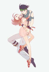 Rule 34 | 1boy, 1girl, armband, bad id, bad pixiv id, bbbenpi, blue eyes, brown hair, cross-laced footwear, diamond is not crash, dress, earrings, full body, hairband, headband, jewelry, jojo no kimyou na bouken, kishibe rohan, midriff, pants, sandals, short hair, strap, sugimoto reimi, suspenders, white pants