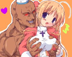 1boy 1girl 2000s_(style) ahoge bad_id bald blonde_hair blush braid breasts commentary_request cross dress grabbing_another&#039;s_breast grabbing_from_behind groping half_up_braid hetero high_priest_(ragnarok_online) juliet_sleeves large_breasts long_hair long_sleeves oekaki open_mouth orange_background puffy_sleeves purple_eyes ragnarok_online red_dress red_eyes shigeryun two-tone_dress upper_body white_dress