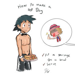 Rule 34 | 10s, 1boy, 1girl, ^^^, ash ketchum, bare arms, black hair, black neckwear, blonde hair, blood, blush, bow, bowtie, comic, cowboy shot, cropped legs, dark gargo, detached collar, english text, food, full-face blush, hat, highres, hot dog, nintendo, nosebleed, parody, penis, penis hot dog, pokemon, pokemon (anime), pokemon xy, porkpie hat, serena (pokemon), sexually suggestive, shaded face, short hair, sleeveless duster, speech bubble, spoken character, standing, text focus, thumbs up, topless female, topless male, tray, wrist cuffs