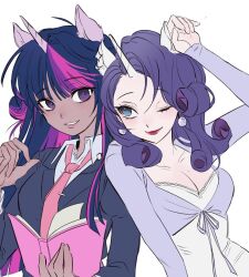 2girls ;) animal_ears arm_at_side arm_up bad_id bad_twitter_id black_hair black_jacket blue_eyes book breasts cleavage closed_mouth collared_shirt commentary_request curly_hair dark-skinned_female dark_skin dress earrings eye_contact front-tie_top grin hair_between_eyes hair_bun hand_on_own_head hands_up holding holding_book horns horse_ears interracial jacket jewelry juliet_sleeves korean_commentary lapels long_sleeves looking_at_another medium_breasts memoji_7672 mole mole_on_breast multicolored_hair multiple_girls my_little_pony my_little_pony:_friendship_is_magic necktie one_eye_closed open_book pale_skin pink_hair pink_necktie puffy_sleeves purple_eyes purple_hair purple_shirt rarity_(my_little_pony) red_lips shirt side-by-side simple_background single_horn single_side_bun smile sparkle streaked_hair swept_bangs twilight_sparkle unicorn_girl unicorn_horn upper_body white_background white_dress white_shirt yuri