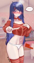 Rule 34 | 1girl, @ @, absurdres, blue eyes, blue hair, blush, breasts, closed mouth, covering breasts, covering privates, crop top, crop top overhang, cropped shirt, diguo keran wu, embarrassed, feet out of frame, fingernails, hair ornament, hairclip, highres, kind mita (miside), long hair, looking at viewer, medium breasts, meme, miside, mita (miside), mixed-language commentary, navel, no pants, nose blush, one finger selfie challenge (meme), panties, red shirt, red thighhighs, shirt, solo, spoken blush, standing, thighhighs, thighs, underwear, white hair, white panties