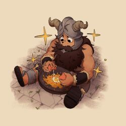1boy beard brown_hair cooking cracking_egg dark-skinned_male dark_skin dungeon_meshi dwarf egg_(food) facial_hair fake_horns faux_figurine food fried_rice full_body helmet highres horned_helmet horns long_beard looking_down male_focus mustache senshi_(dungeon_meshi) sitting solo thick_mustache toned toned_male very_long_beard wok xomii